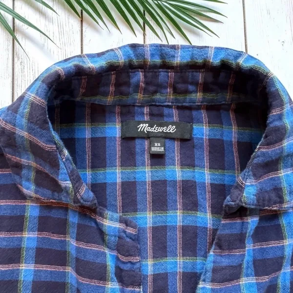 Madewell XS Blue Plaid Short Sleeve Popover Shirt 100% Cotton - Image 13