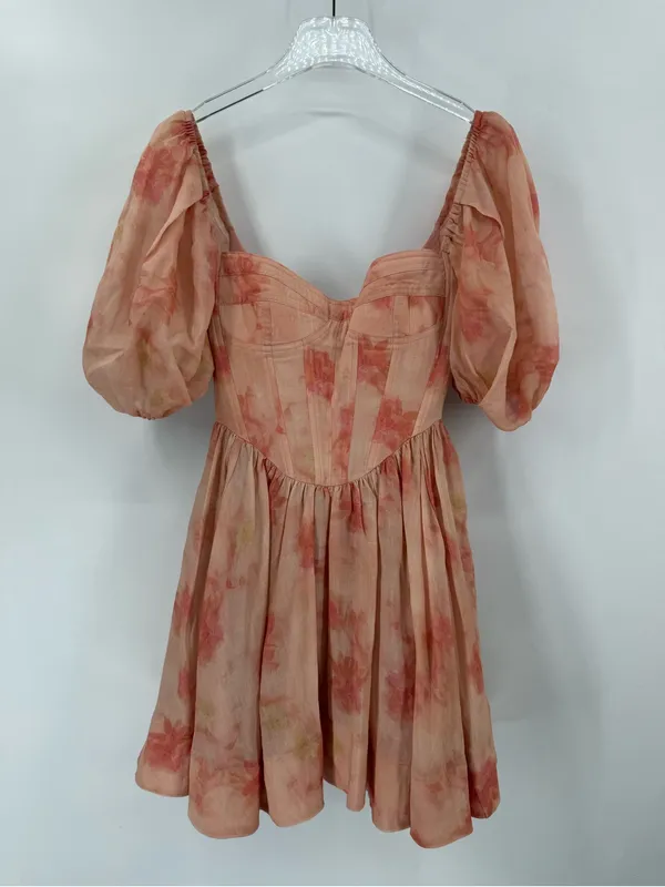 Bardot Mini Dress Size US 4 Peach Pink Kiah Balloon Sleeves Corset Sweetheart - Image 3
