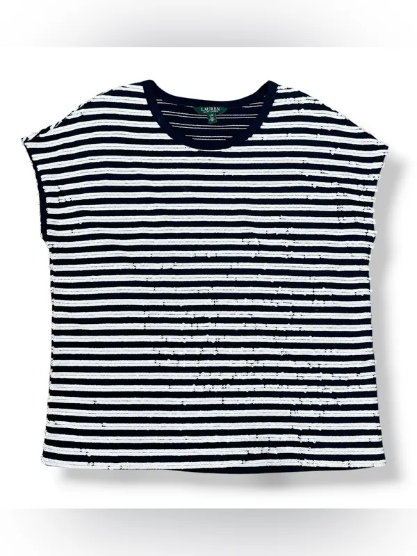 Lauren Ralph Lauren Sequin Striped Cap Sleeve Top Blue White Large Nautical - Image 12