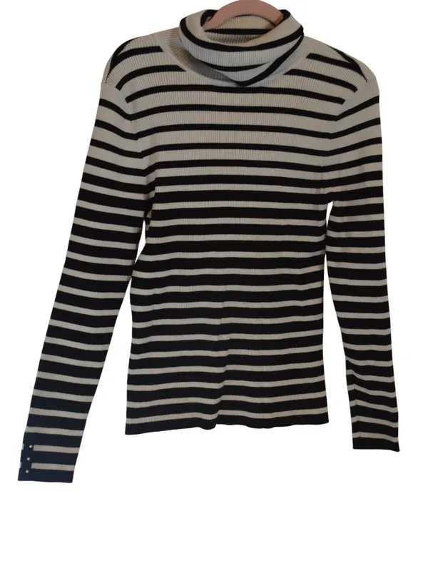 White House Black Market XL Black White Striped Turtleneck Sweater Top - Image 3