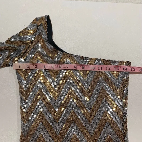 Lovers + Friends Size S Sequin One Shoulder Mini Dress Gold Silver Party - Image 9