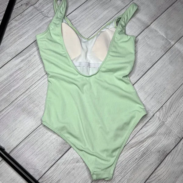 Zaful Sage Green Crinkle Ribbed One Piece Deep Scoop Neck One Piece Swimsuit S - Image 8