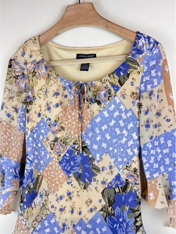 Jonathan Martin Studio Y2K Floral Patchwork Bell Sleeve Blouse Blue Tan Size S - Image 3