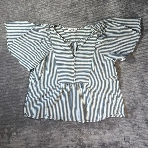 Madewell Courtyard Striped Puff Sleeve Peplum Blouse Medium Blue White Button Fr - Image 2