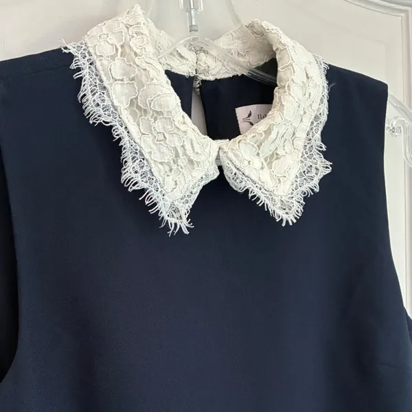 Nanette Lepore Navy Blue‎ Shift Dress Lace Peter Pan Collar Pleated Hem Womens 4 - Image 4