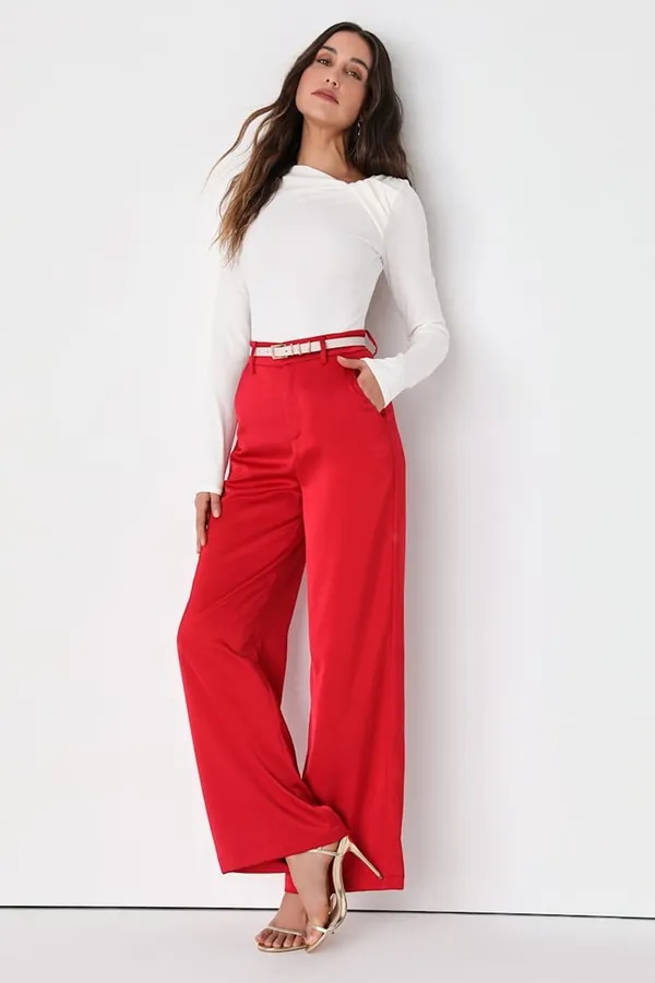 Lulus Modern Approach Red Satin Wide-Leg Pants High Rise Festive Large NWT - Image 2