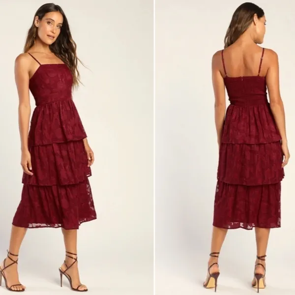LULUS Prom Wedding Flowy Sexy FLoral Boho Tiered Ruffles Bustier Midi Dress - Image 2