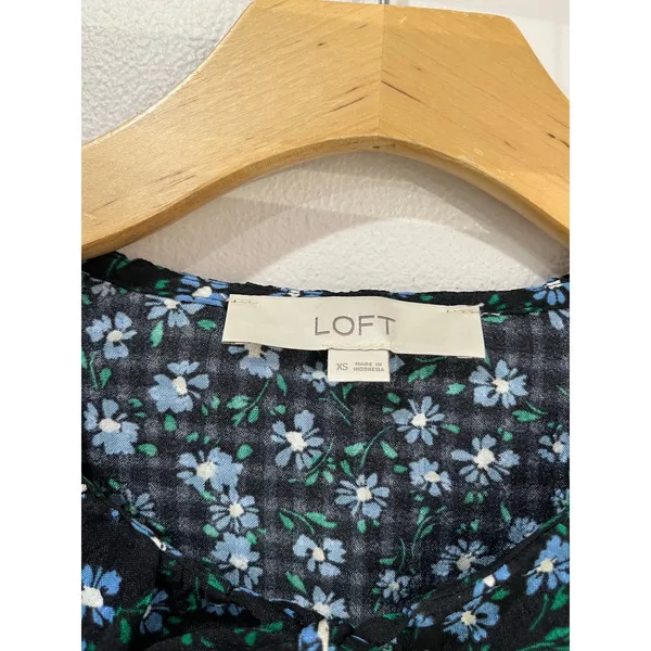 LOFT Black Blue Floral‎ Ruffle Tie Neck Blouse Romantic Cottagecore XS - Image 6