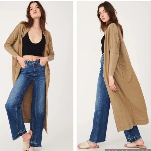 Free People FP Beach Cardigan Womens Small Tan‎ Slub Knit Longline Open Front - Image 2