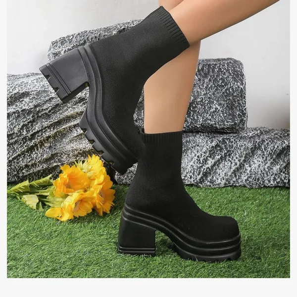 Amazon Black Chunky Heeled Sock Boots - Image 9
