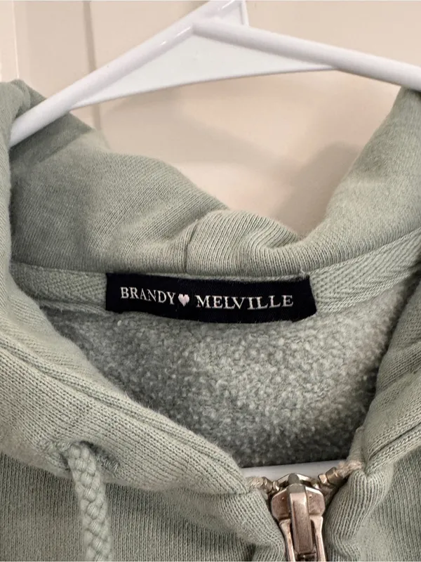 Brandy Melville Cropped Sage Green Zip Hoodie - Image 2