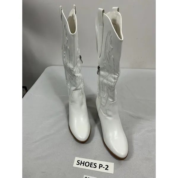 Womans Fran Willot Knee High Cowgirl Boots 9 White Embroidered Heel 1/2 Zip - Image 4