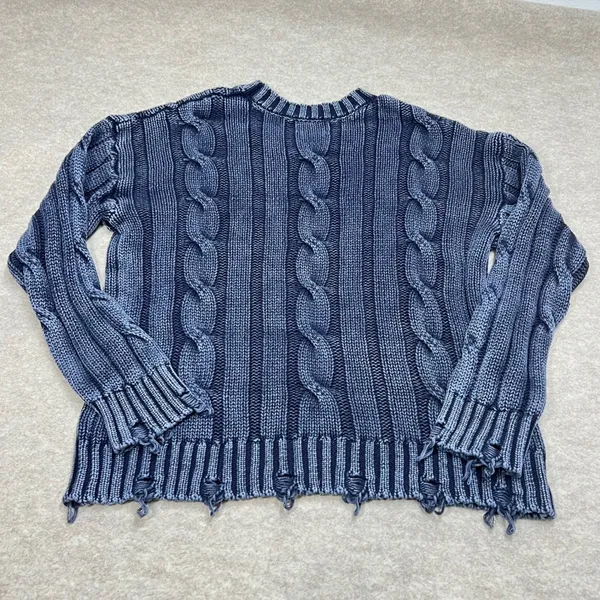 Evereve Distressed Cable Knit Cotton Sweater Navy Blue Sz M‎ EUC Fisherman - Image 3