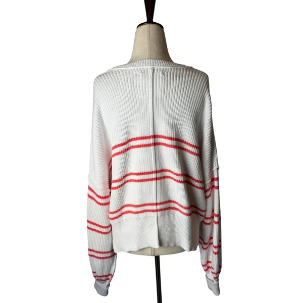 Aerie Beyond Cropped Sweater‎ Women Small White Pink Stripe Cotton Boxy Slouchy - Image 3