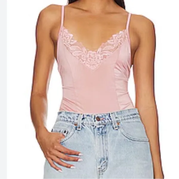 FREE PEOPLE Wild Bunch Bodysuit Pink Rose Boho Chic Ultra Soft & Lace Trim XS - Image 6