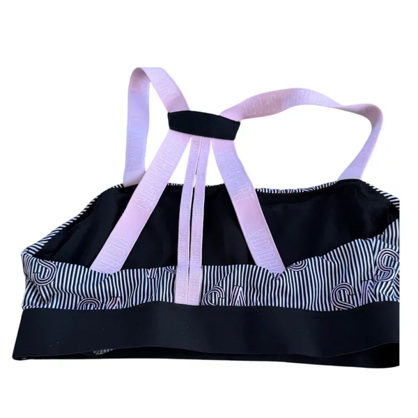 Victoria Sport Strappy Racerback Sports Bra Black White Striped Logo Pink Small - Image 5