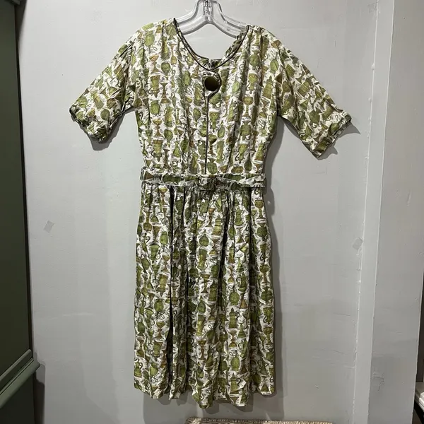 Vintage Handmade 60s Midi Dress with Belt Sz 8 Vase‎ Pattern Short Sleeve Zipper - Image 3