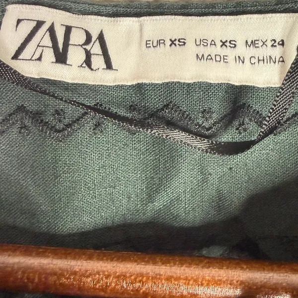 Zara Boho Oversized Embroidered Long Sleeve Mini Dress Tassel V Neck XS Green - Image 9