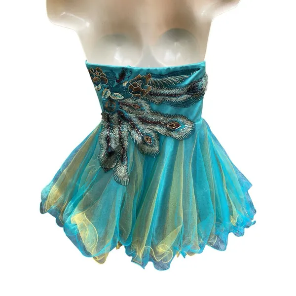Whimsigoth Peacock Beaded Embroidered Corset Tulle Mini Dress Dave & Johnny Sz 0 - Image 10