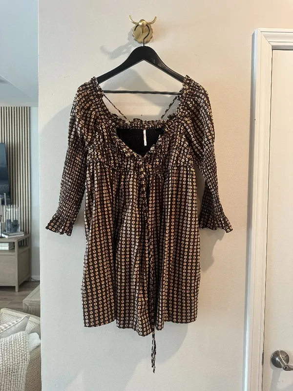 FREE PEOPLE Star Dip Tiered Smocked Button Front Cotton Dress Black Combo Small - Image 5