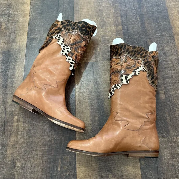Donna Carolina Leather Patchwork Cowboy Boots Tan Animal Print EU 36.5 - Image 10