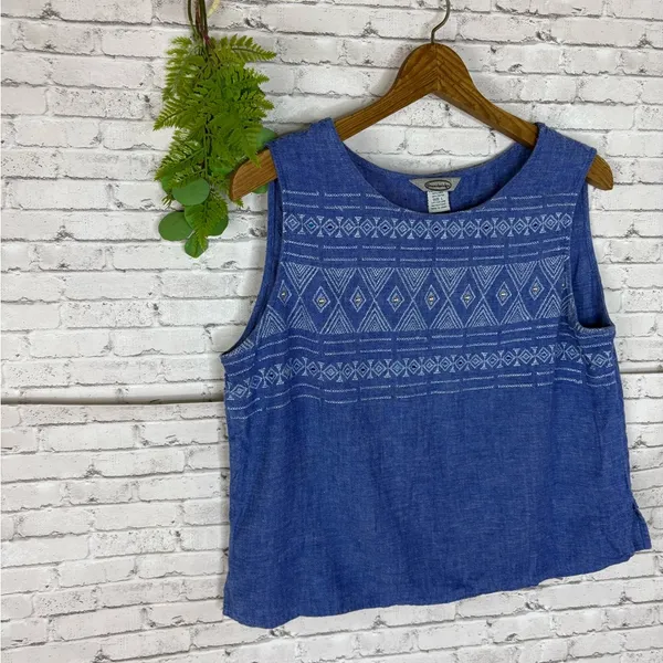 Vintage Stonebridge Linen Blend Geometric Ikat Embroidered Studded Tank - Image 2