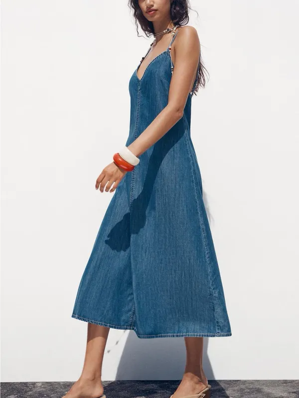 Zara Denim Slip Midi Dress in Blue - Image 4