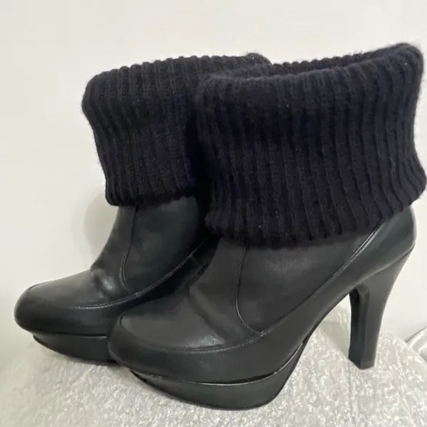 Ramiro Olivares Size 5US-MX3 Black Leather Knit Cuff High Heel Booties(B46) - Image 2