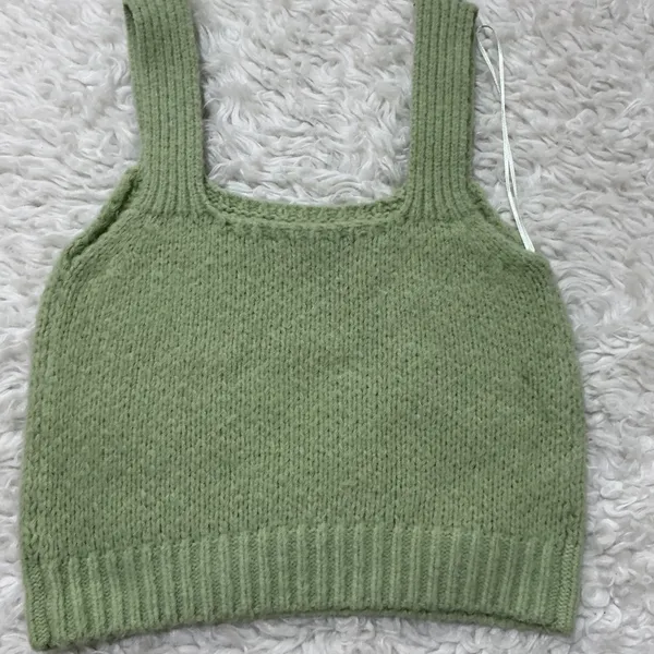 English Factory Knit Tank Top Green Floral Embroidered Square Neck Medium - Image 3