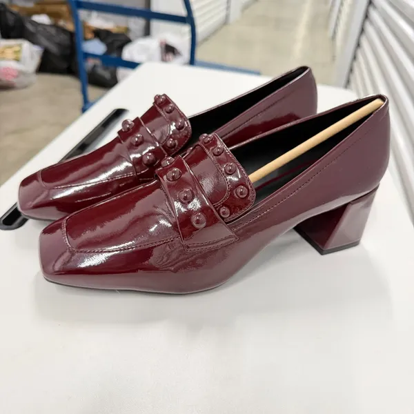 Aerosoles‎ Burgundy Patent Studded Block Heel Loafers Square Toe Pumps size 11 - Image 7