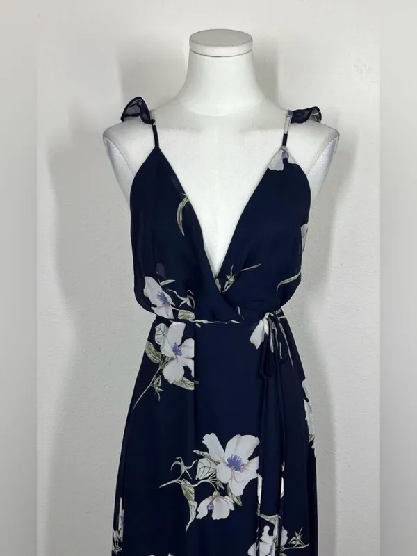 Lulus All Mine Navy Blue Floral Print High-Low Wrap Maxi Dress - Image 3