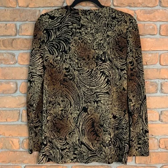 Laura Ashley Jacquard Feather Print Button Down Knit Blouse Black Gold - Size‎ S - Image 2