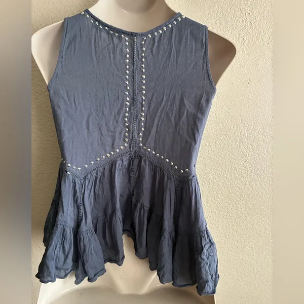 Abercrombie & Fitch Silver Sequins Dusty Blue Boho Babydoll Blouse M - Image 4