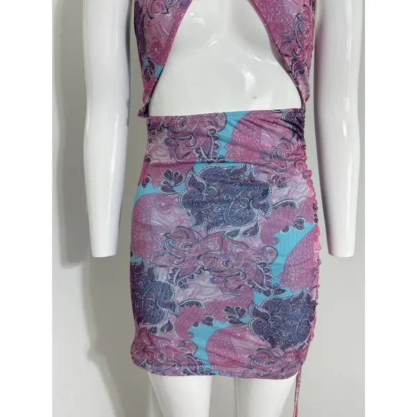 Edikted Women Pink Blue Paisley Mesh Halter Neck Cut Out Ruched Mini Dress Y2K S - Image 4