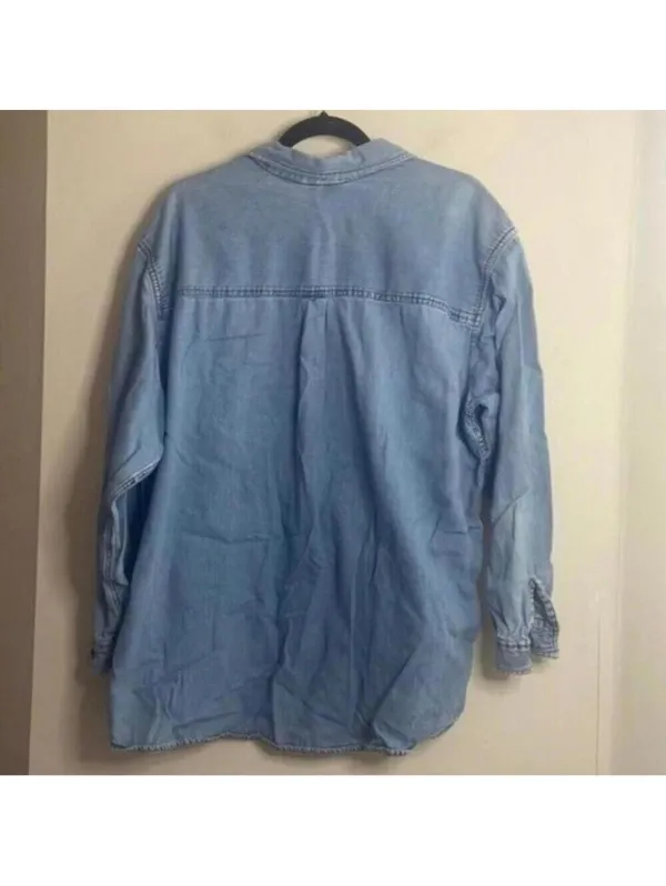 Vintage Denim Chambray Long Sleeve Button Up Top Floral Embroidery 90s - Image 6