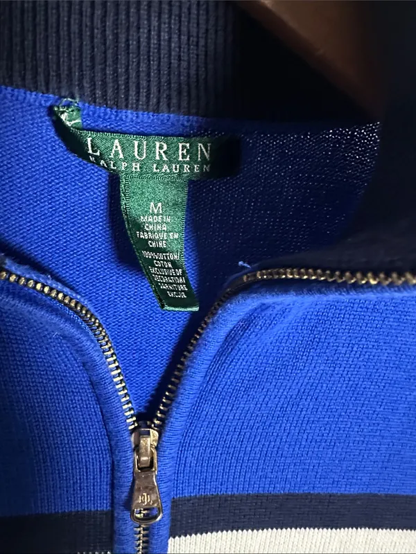 Ralph Lauren Blue Striped Half Zip Sweater Crest Logo Preppy Nautical Medium - Image 6