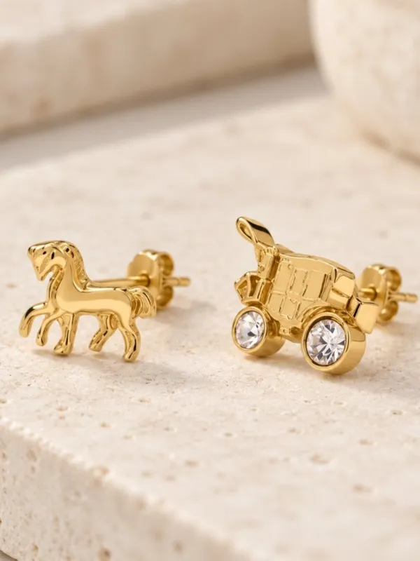 Coach Horse & Carriage Crystal Stud Earrings 14K Gold-Plated Brass NWT - Image 3