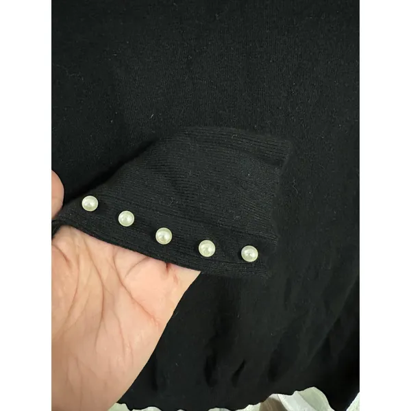 ZARA KNIT Black‎ Crewneck Sweater with Pearl Button Cuffs - Size M - Image 2