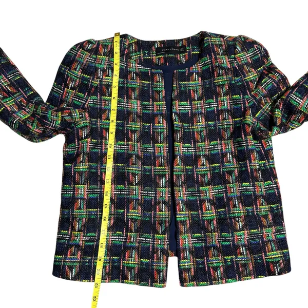 ZARA WOMAN Multicolor Plaid Tweed‎ Collarless Blazer Jacket Shoulder M - Image 6