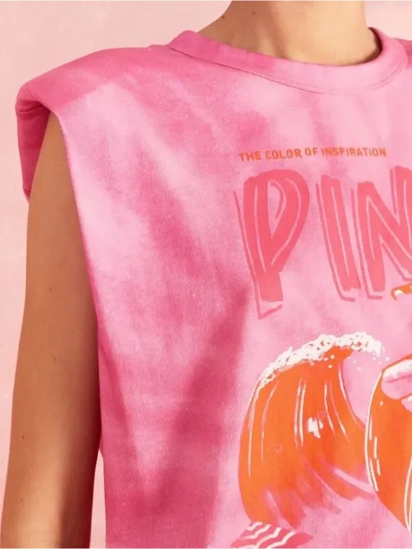 Farm Rio Pink Organic Cotton Tie Dye Coconut Shoulder Pad Slouchy Graphic Tee XS - Image 3