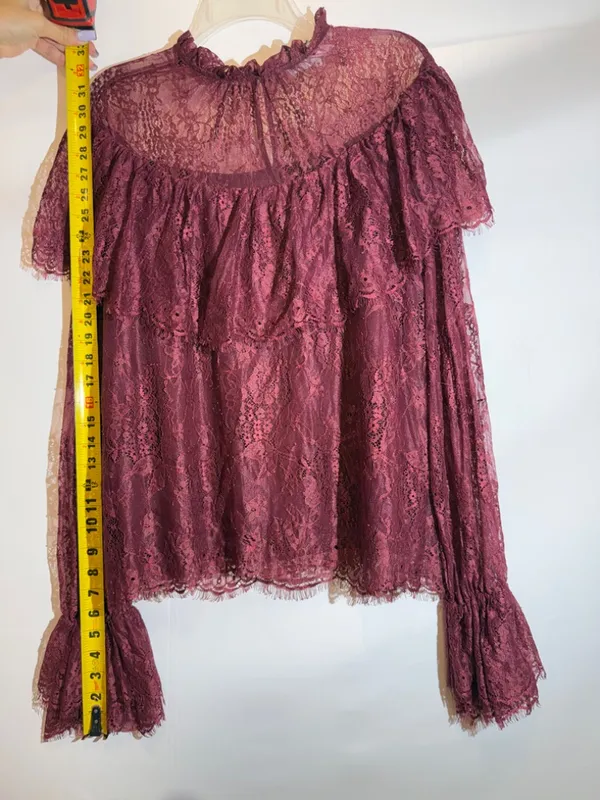 Anthropologie Endless Rose Ruffled Lace Blouse Romantic Feminine Burgundy Top L - Image 7