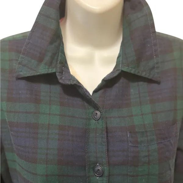 L.L. Bean Scotch Plaid Flannel Shacket Sherpa-Lined XS Green Navy Button Up Cozy - Image 3