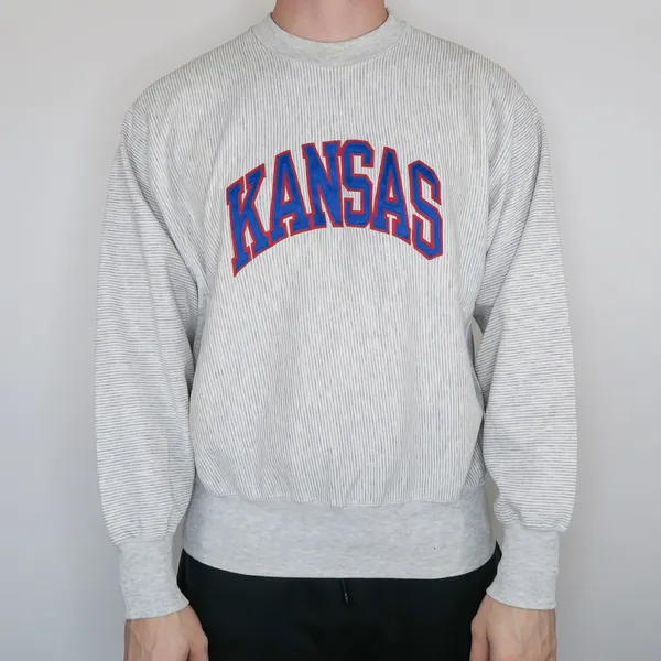 Vintage 90s KU Jayhawks Kansas Gray Pinstripe Sweatshirt - Image 2