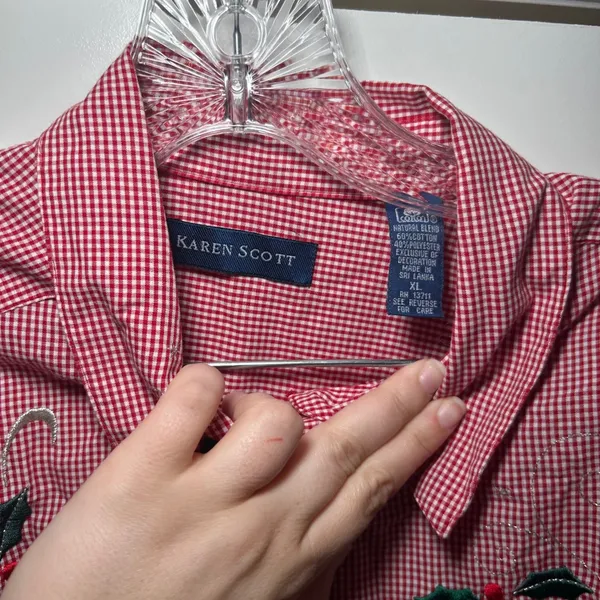 Karen Scott Womens XL Red Gingham Embroidered Holly Christmas Button Down Shirt - Image 3