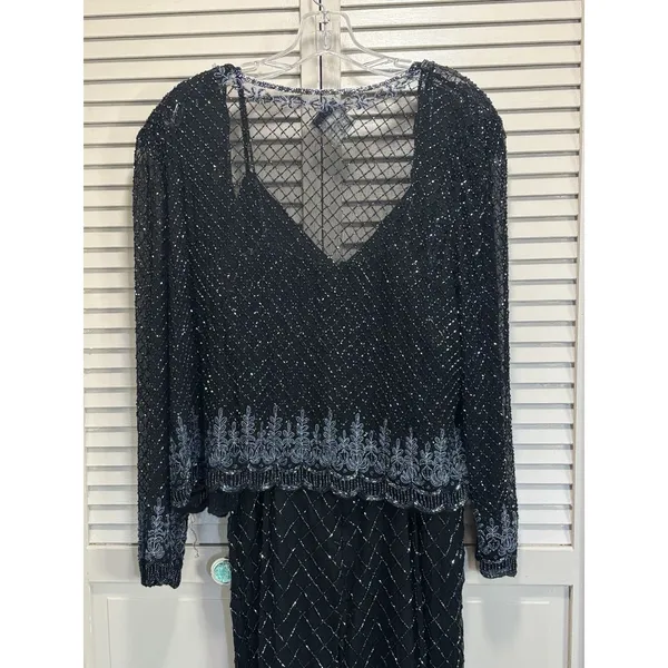 Stenay Black Silk Full Bead Gown & Jacket Sz 14 Adj Straps Lined Sparkle Formal - Image 5