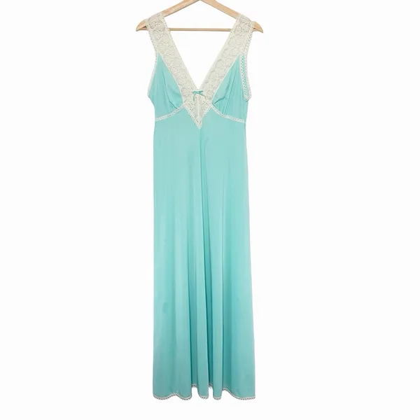 VTG Vanity Fair Nightgown 36 Aqua Blue Lace Maxi Dress 60s 70s USA Nylon - Image 2