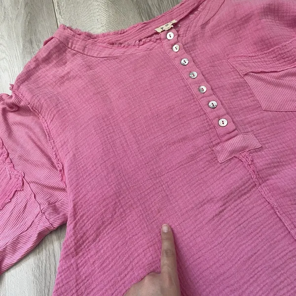 Cotton Gauze Top pol oversized henley womens Pink (small) bohemian coastal beach - Image 5