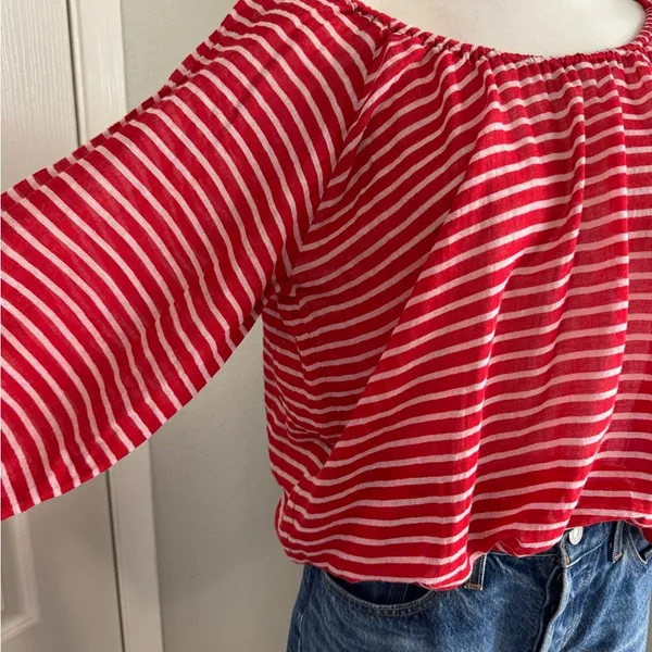 J.‎ Crew Red & White Sailor Striped Knit Peasant Top Size XS - Image 4