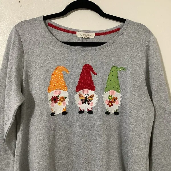 Gnome Sweater Large Fall Autumn‎ Gnome Wearable Art Novelty Patchwork Oversized Gray - Image 2