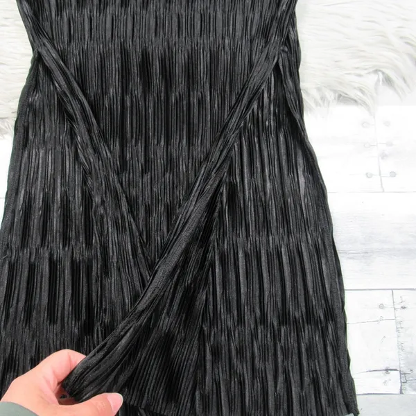 By ANTHROPOLOGIE Black Ruched V-Neck Side Slits Midi Dress Plissé Finish Size XS - Image 10